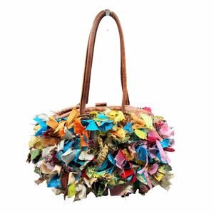 Couleurs de Saison Handmade Leather Straw Tote Colorful Fringe Rag Bag Morocco